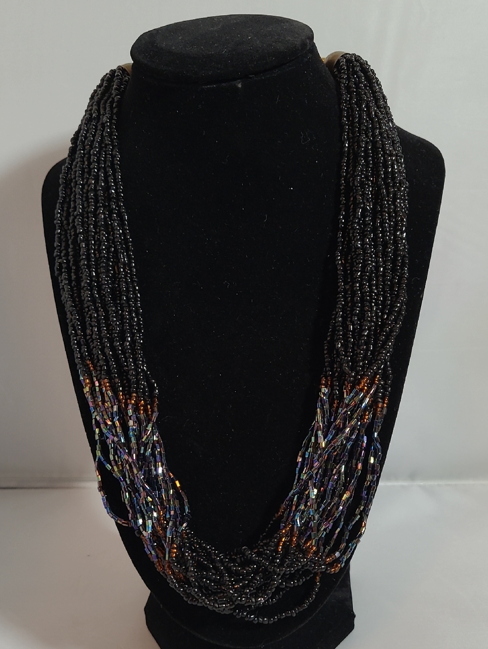 Vintage Necklace Multi-Strand Black Beaded  with Iridescent Accents